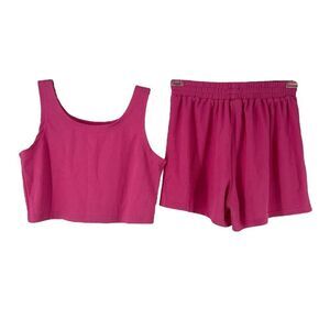 Ribbed Two Piece Outfit Pink Shorts Tank Sleeveless Scoop Neck Womens Size L